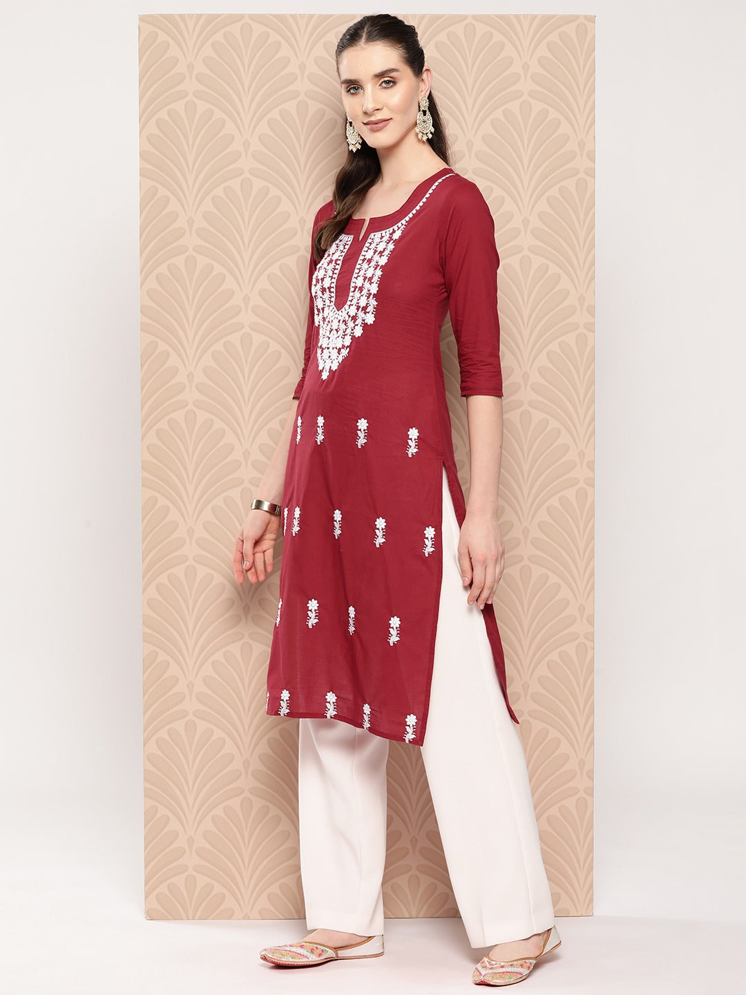 Yufta Maroon Floral Embroidered Pure Cotton Kurta