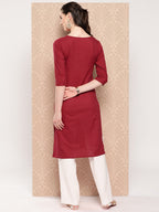 Yufta Maroon Floral Embroidered Pure Cotton Kurta
