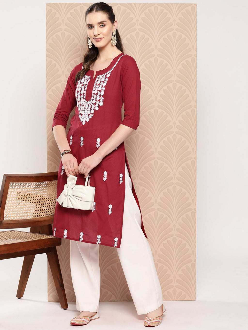 Yufta Maroon Floral Embroidered Pure Cotton Kurta