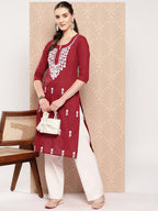 Yufta Maroon Floral Embroidered Pure Cotton Kurta