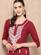Yufta Maroon Floral Embroidered Pure Cotton Kurta