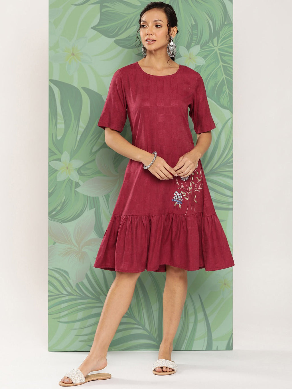 Yufta Maroon Floral Ethnic Dress - Distacart
