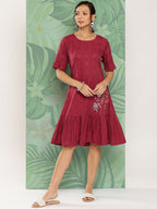 Yufta Maroon Floral Ethnic Dress - Distacart