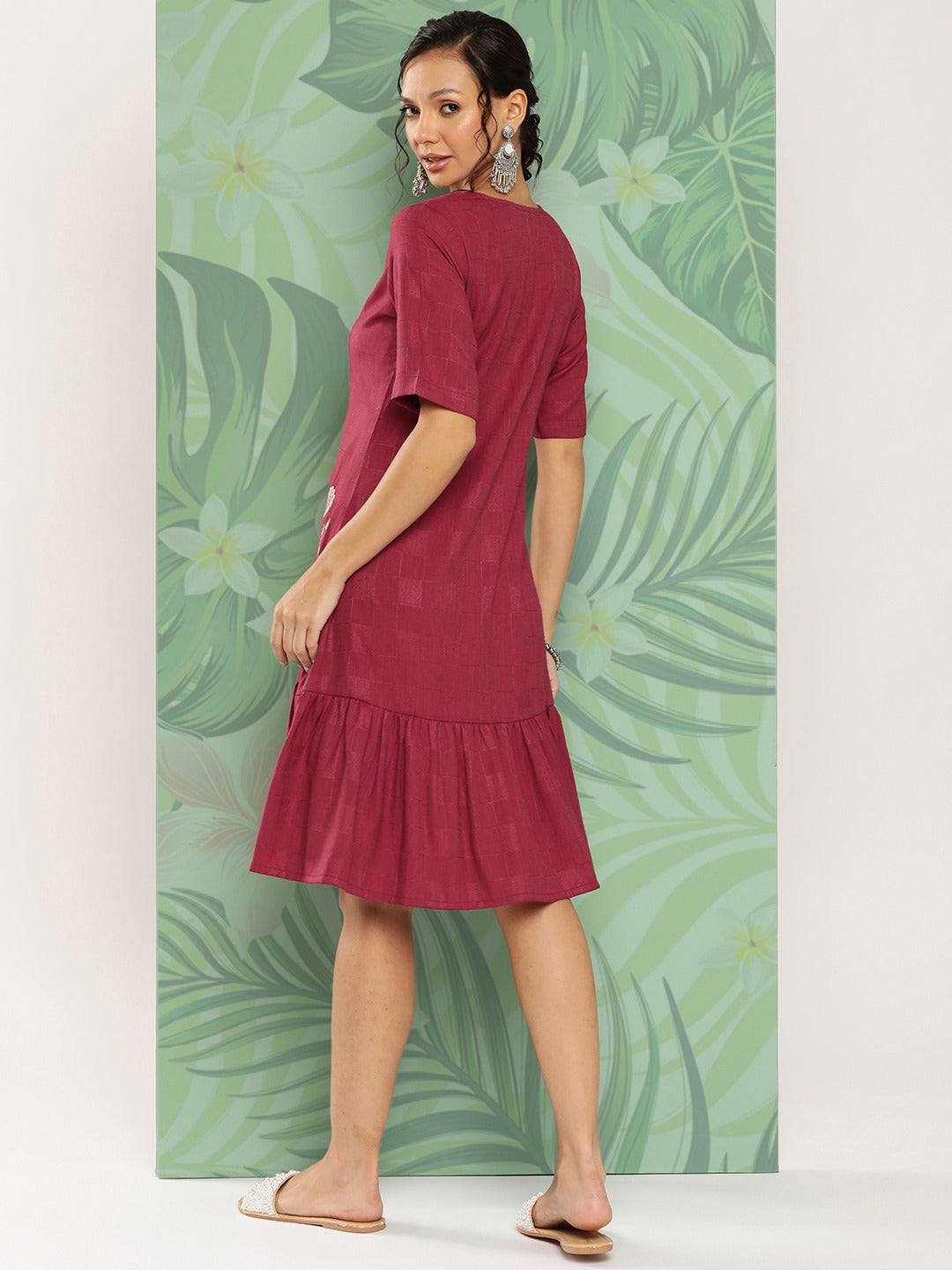 Yufta Maroon Floral Ethnic Dress - Distacart