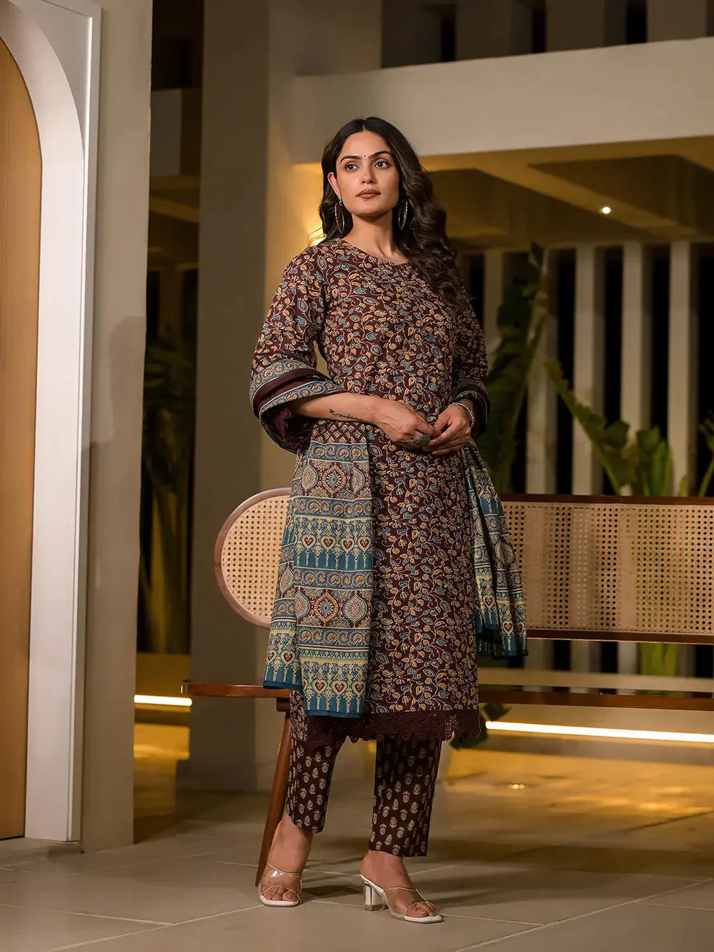 Yufta Maroon Floral Print Piping On Yoke Pakistani Style Kurta With Trousers And Dupatta Set