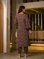 Yufta Maroon Floral Print Piping On Yoke Pakistani Style Kurta With Trousers And Dupatta Set