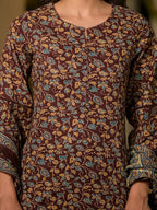 Yufta Maroon Floral Print Piping On Yoke Pakistani Style Kurta With Trousers And Dupatta Set