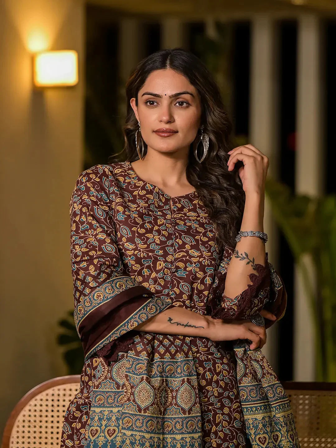 Yufta Maroon Floral Print Piping On Yoke Pakistani Style Kurta With Trousers And Dupatta Set