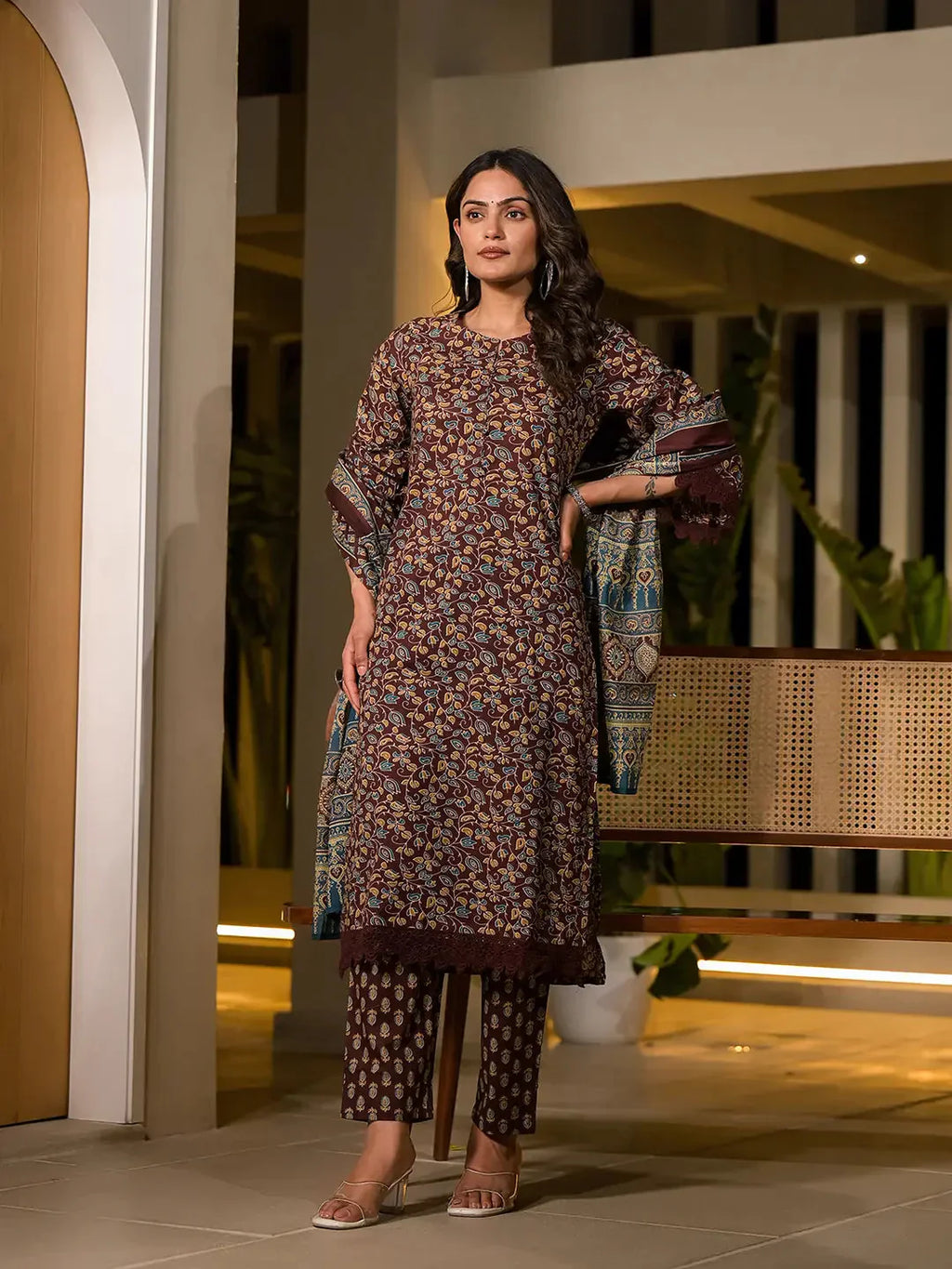 Yufta Maroon Floral Print Piping On Yoke Pakistani Style Kurta With Trousers And Dupatta Set