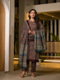 Yufta Maroon Floral Print Piping On Yoke Pakistani Style Kurta With Trousers And Dupatta Set