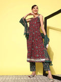 Yufta Maroon Floral Printed Pleated Pure Cotton Kurta with Trousers & Dupatta