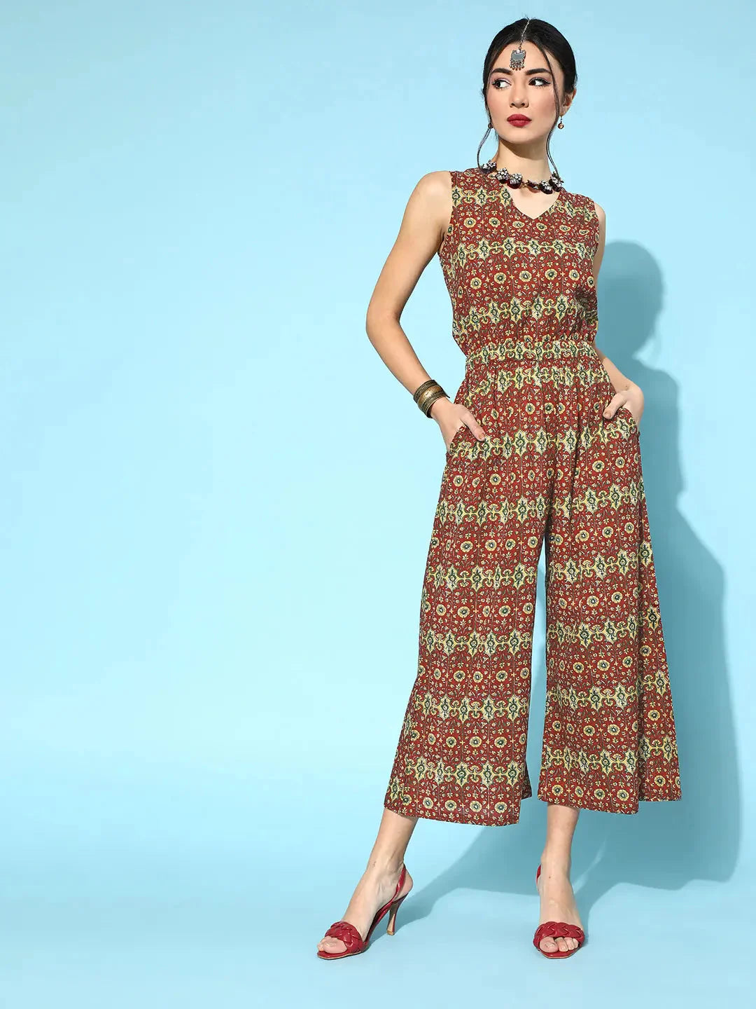 Yufta Maroon Printed Jumpsuit