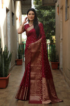 Lorenvalley Premium Pure Handmade Bandhej Kanjivaram silk saree with Zari Weaving Rich Pallu saree - Maroon