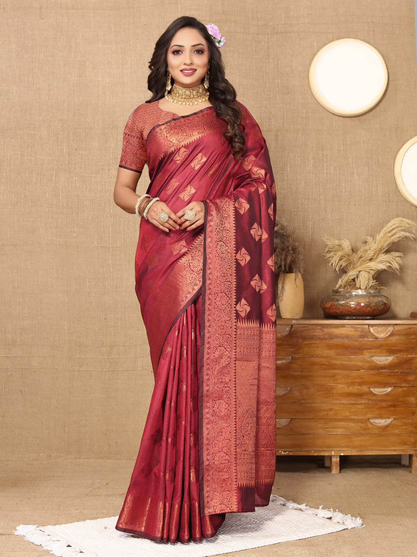 Lorenvalley Fashion Maroon Soft Katan Silk Woven Design Copper Zari Weaving Saree
