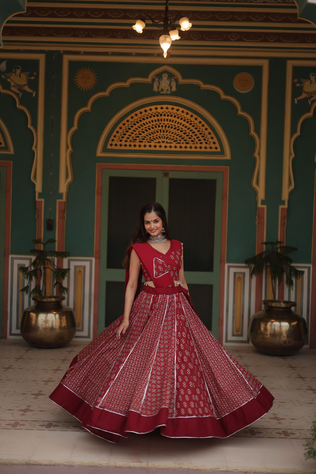 Lorenvalley Maroon Rayon Gota Patti Lace Printed Kali Pattern Lehenga Choli with Dupatta