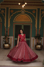 Lorenvalley Maroon Rayon Gota Patti Lace Printed Kali Pattern Lehenga Choli with Dupatta
