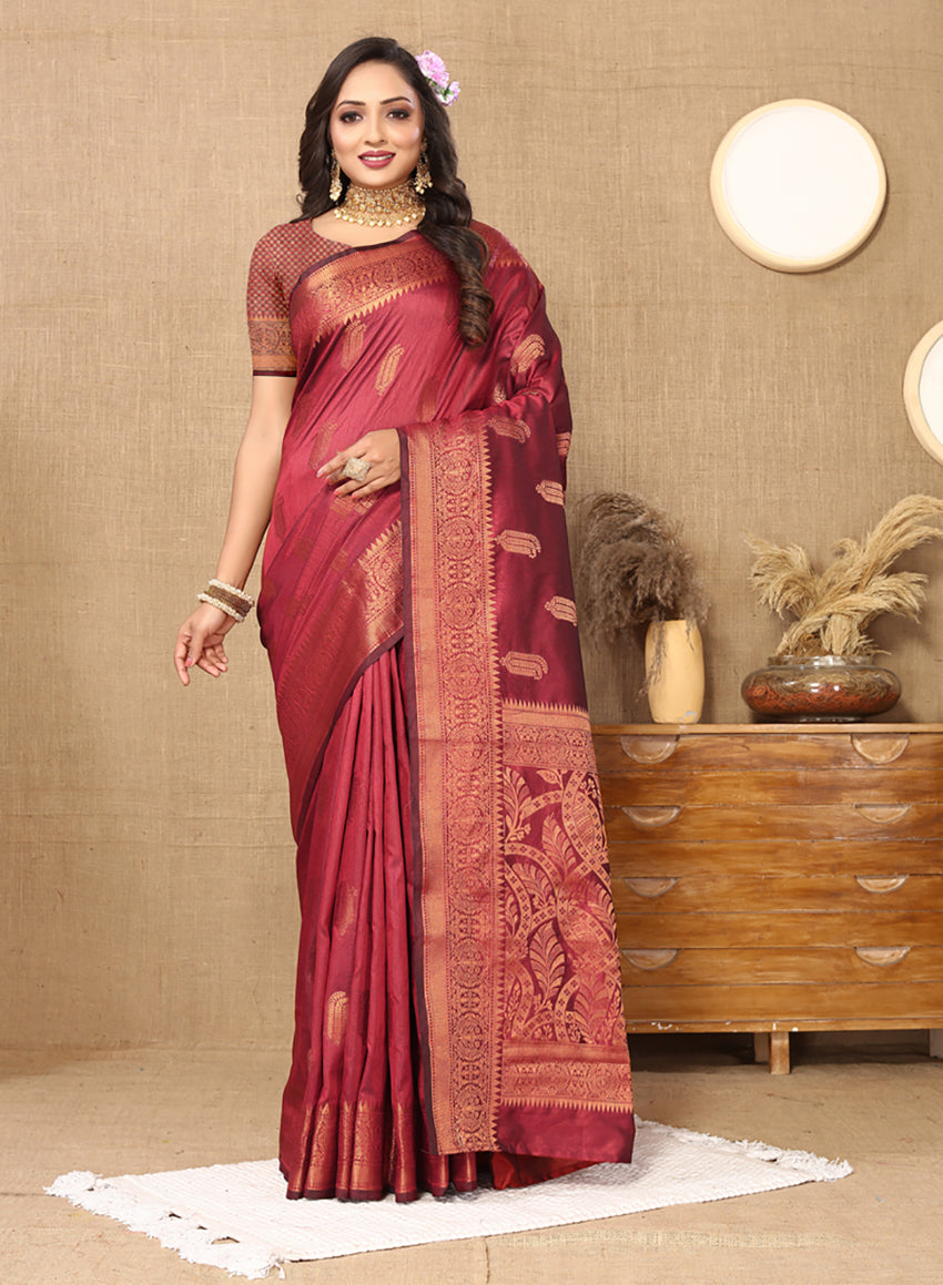Lorenvalley Fashion Maroon Soft Katan Silk Woven Design Copper Zari Weaving Saree