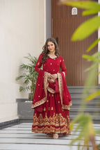 Lorenvalley Fashion Maroon Faux Georgette with Zari & Sequins Embroidered Work Anarkali Gown with Dupatta - Distacart