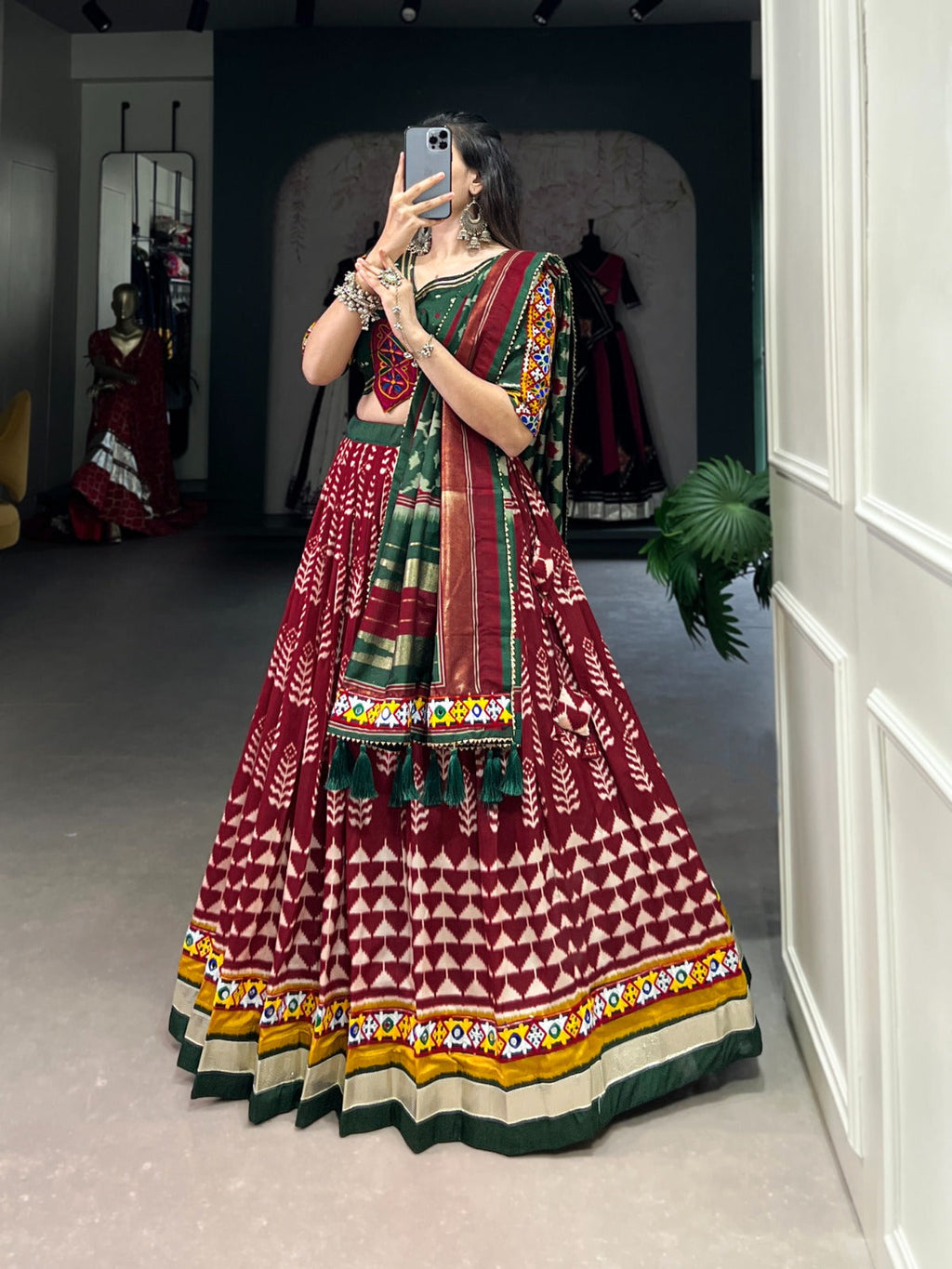 Lorenvalley Maroon Dola Silk with Printed With Foil Work And Original Mirror Gamthi Lace Touch Up Lehenga Choli