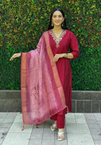 Lorenvalley Fashion Maroon Roman Silk Hand Work Kurta Pant with Dupatta - Distacart