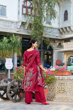Lorenvalley Maroon Roman Silk Floral Print With Beets Handwork Kurta Set
