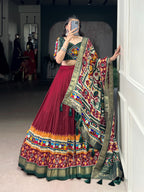 Lorenvalley Fashion Maroon Tasar Silk Print with Foil Work and Real Mirror Gamthi Work with Lace Touch Up Lehenga Choli with Dupatta