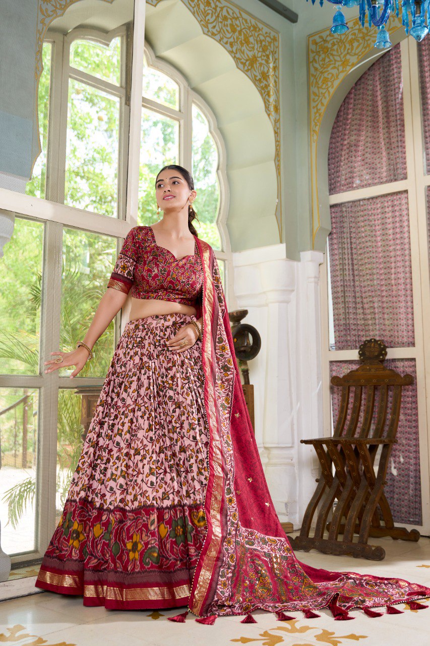 Lorenvalley Maroon Tussar Silk Floral Print with Foil Print Lehenga Choli with Dupatta