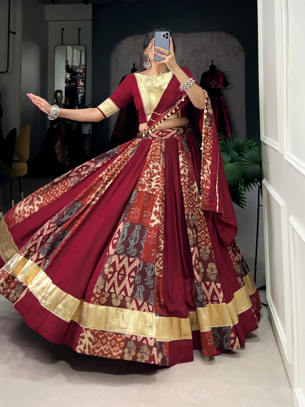 Lorenvalley Maroon Rayon and Tussar Silk Plain And Printed With Embossed Design Gota Lace Lehenga Choli with Dupatta