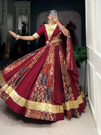 Lorenvalley Maroon Rayon and Tussar Silk Plain And Printed With Embossed Design Gota Lace Lehenga Choli with Dupatta