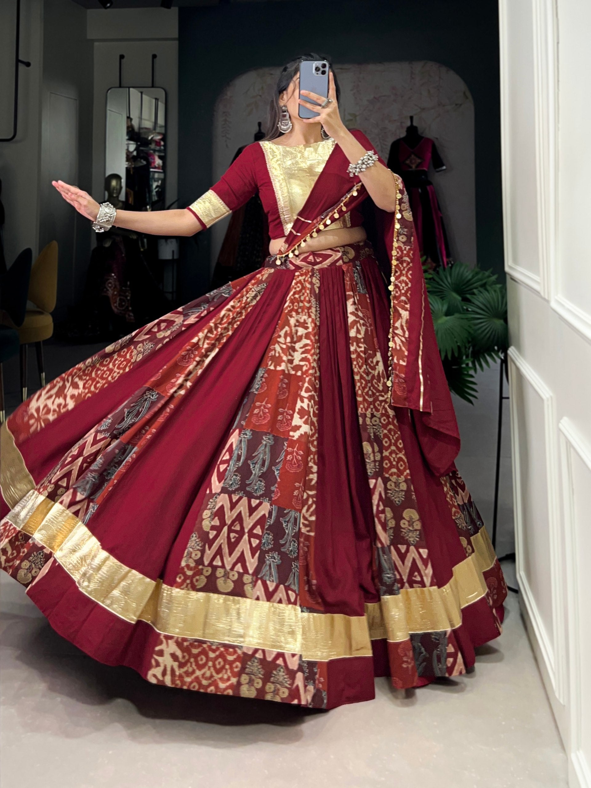 Lorenvalley Maroon Rayon and Tussar Silk Plain And Printed With Embossed Design Gota Lace Lehenga Choli with Dupatta