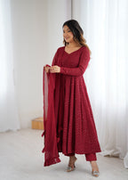 Lorenvalley Fashion Maroon Faux Georgette Lukhnowi Sequence Work Anarkali Kurta Pant With Dupatta Set - Distacart