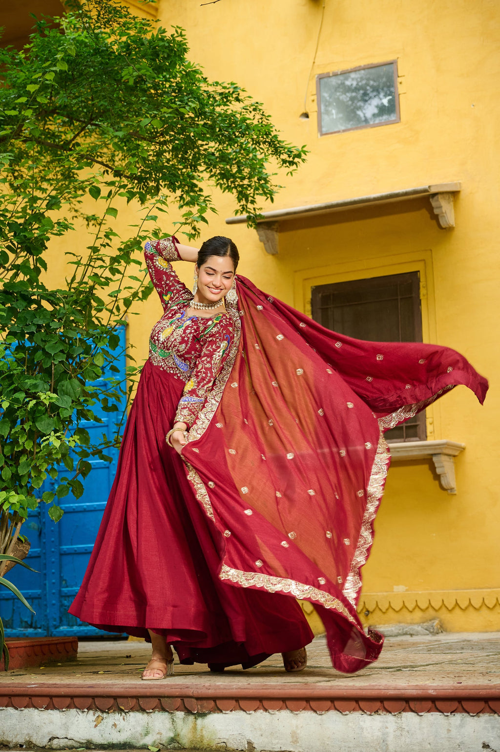 Lorenvalley Fashion Maroon Vichitra Silk with Multi Thread & Embroidered work Anarkali Gown with Dupatta - Distacart