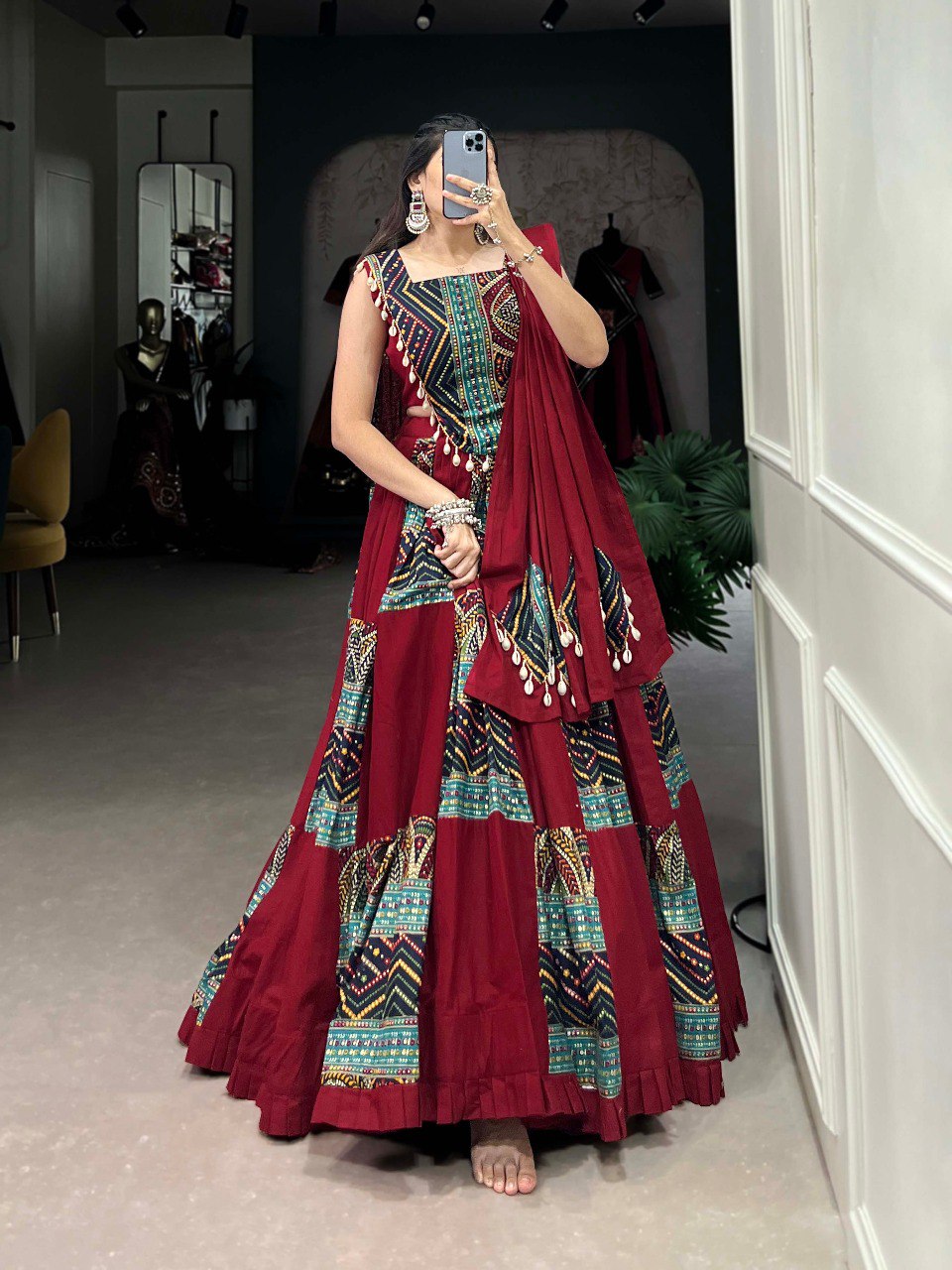Lorenvalley Maroon Pure Cotton Plain And Printed With Foil Work Lehenga Choli with Dupatta