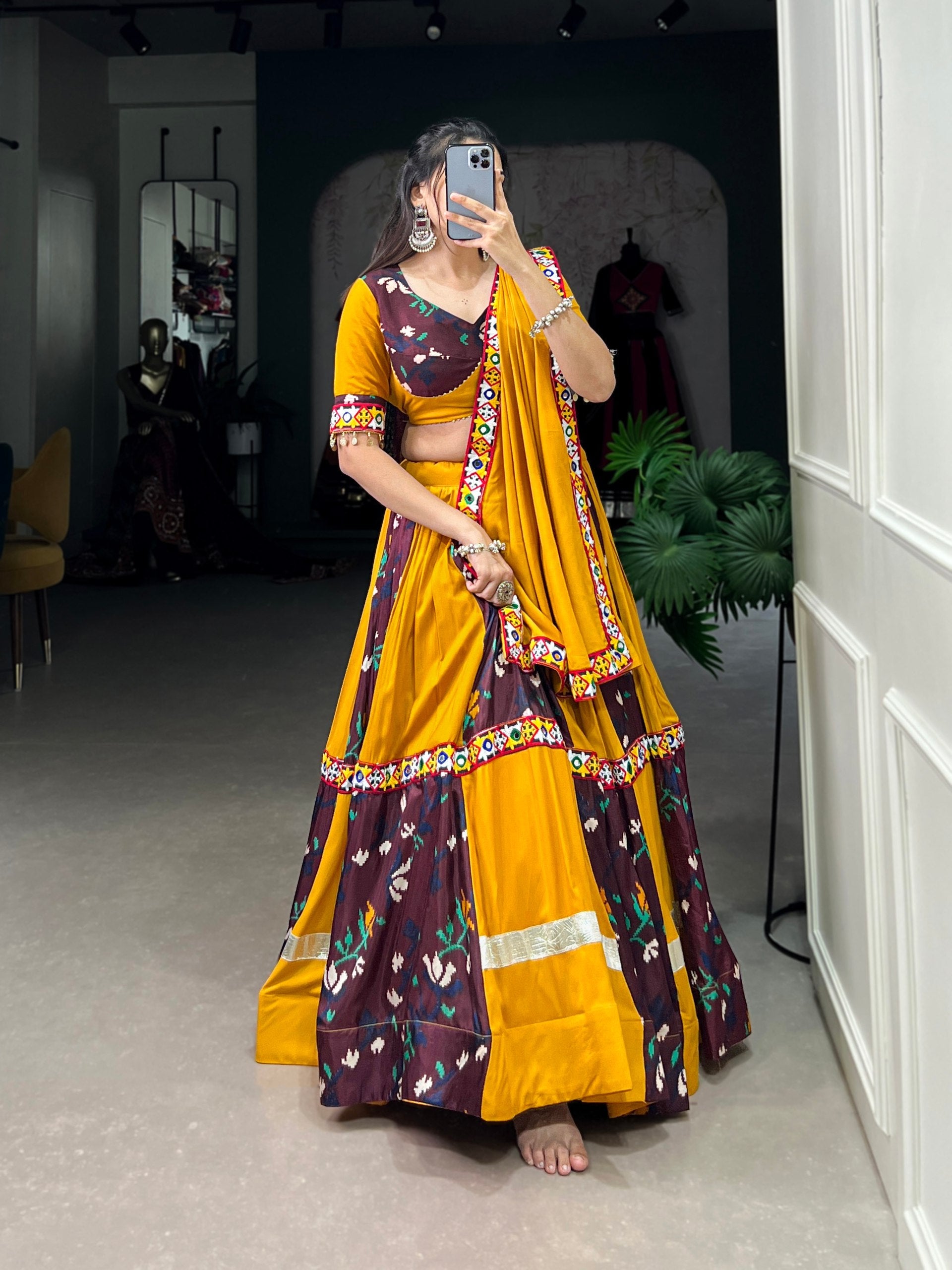 Lorenvalley Rayon with Yellow and Wine Printed Silk Original Mirror Gamthi Work and Embossed Design Gota Lehenga Choli with Dupatta