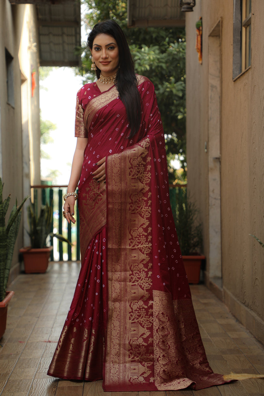 Lorenvalley Premium Pure Handmade Bandhej Kanjivaram silk saree with Zari Weaving Rich Pallu saree - Maroon