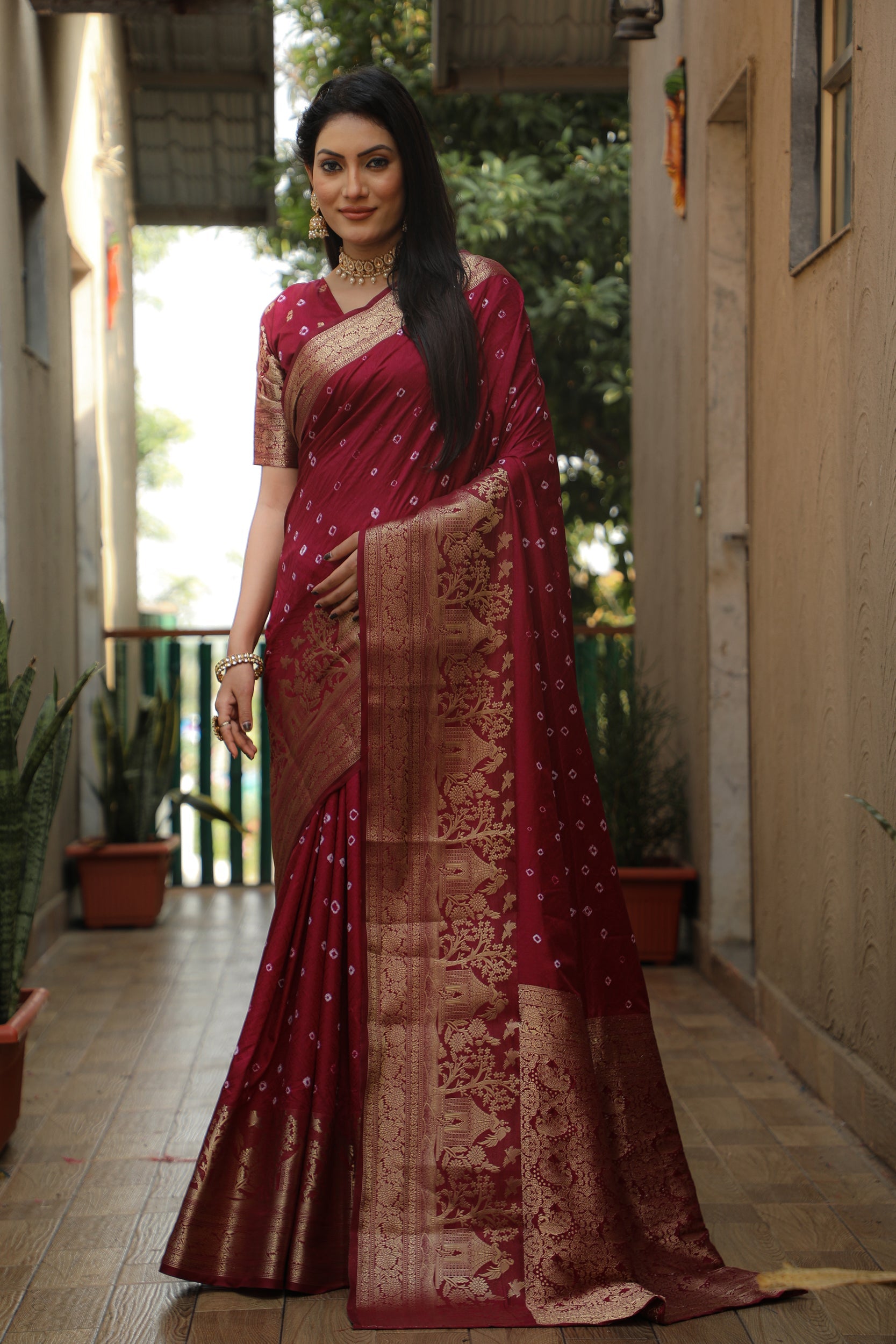 Lorenvalley Premium Pure Handmade Bandhej Kanjivaram silk saree with Zari Weaving Rich Pallu saree - Maroon