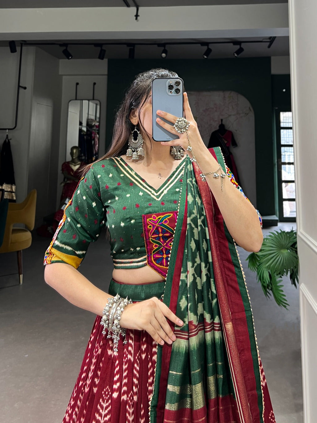 Lorenvalley Maroon Dola Silk with Printed With Foil Work And Original Mirror Gamthi Lace Touch Up Lehenga Choli