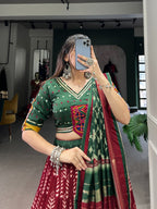 Lorenvalley Maroon Dola Silk with Printed With Foil Work And Original Mirror Gamthi Lace Touch Up Lehenga Choli
