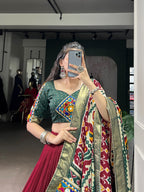Lorenvalley Fashion Maroon Tasar Silk Print with Foil Work and Real Mirror Gamthi Work with Lace Touch Up Lehenga Choli with Dupatta
