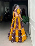Lorenvalley Rayon with Yellow and Wine Printed Silk Original Mirror Gamthi Work and Embossed Design Gota Lehenga Choli with Dupatta