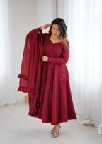 Lorenvalley Fashion Maroon Faux Georgette Lukhnowi Sequence Work Anarkali Kurta Pant With Dupatta Set - Distacart