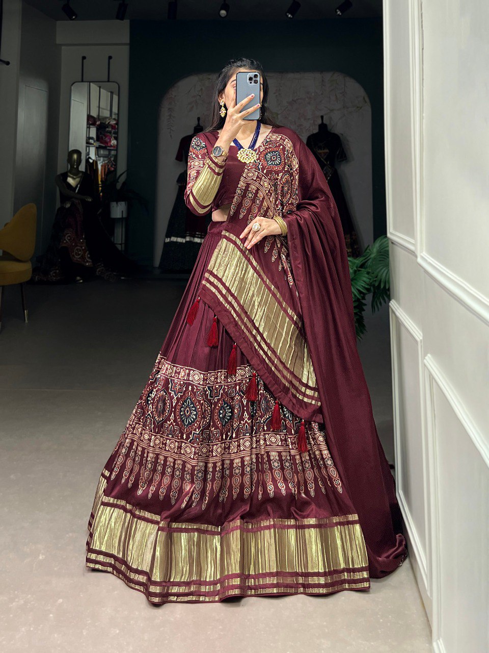 Lorenvalley Maroon Gaji Silk Digital Print With Lagadi Patta Lehenga Choli with Dupatta