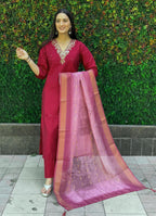 Lorenvalley Fashion Maroon Roman Silk Hand Work Kurta Pant with Dupatta - Distacart