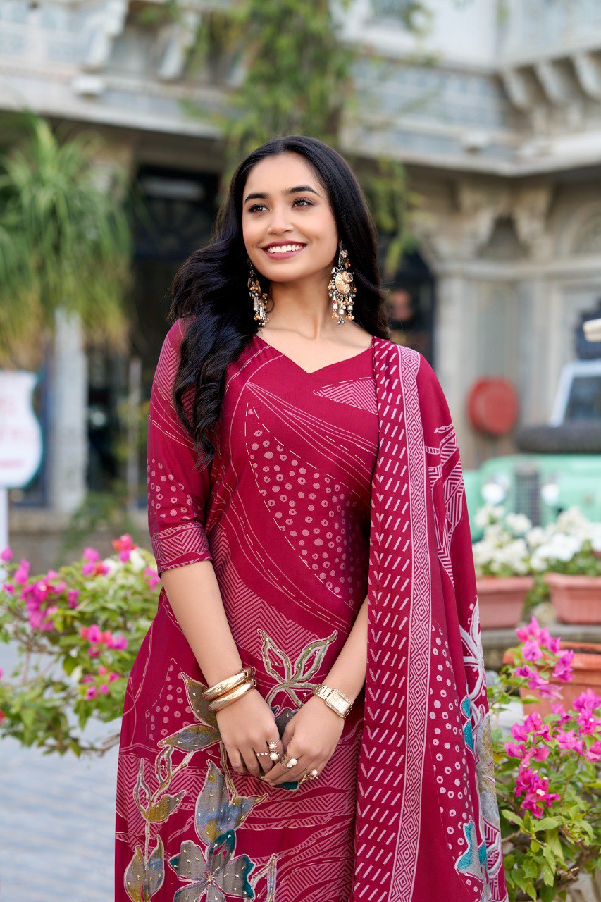 Lorenvalley Maroon Roman Silk Floral Print With Beets Handwork Kurta Set