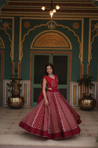 Lorenvalley Maroon Rayon Gota Patti Lace Printed Kali Pattern Lehenga Choli with Dupatta