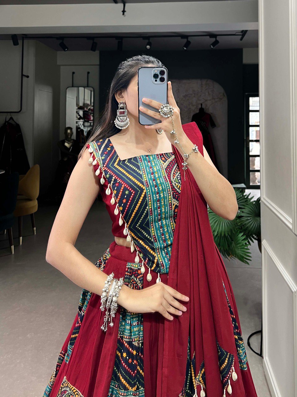 Lorenvalley Pure Cotton Maroon Plain And Printed With Foil Work Lehenga Choli with Dupatta