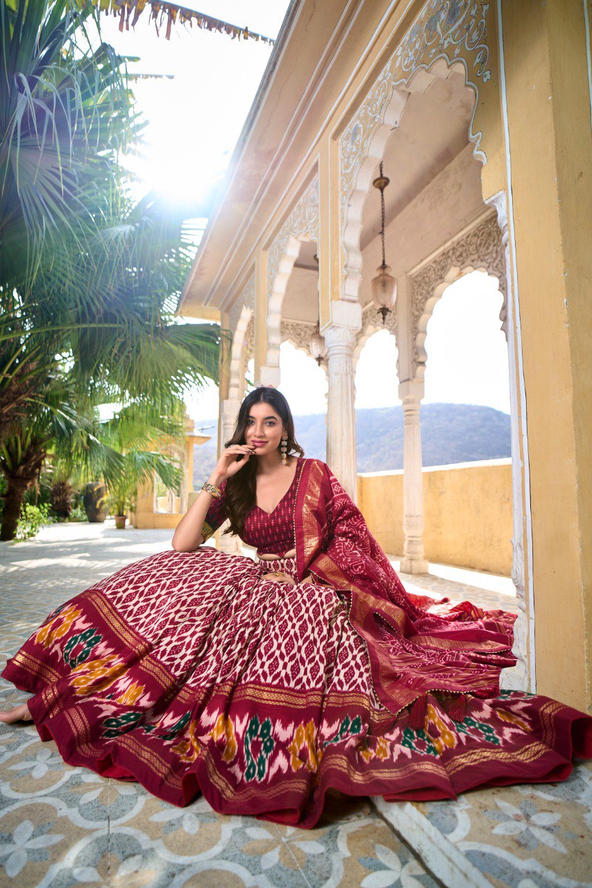 Lorenvalley Maroon Tussar Silk Ikkat Print With Foil Work Lehenga Choli with Dupatta