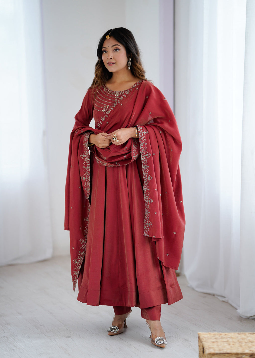 Lorenvalley Fashion Maroon Roman Shimmer Chanderi Silk Yoke Fancy Handwork Beads Work Anarkali Kurta Pant With Dupatta Set - Distacart