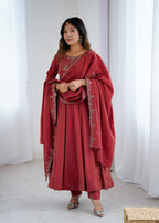 Lorenvalley Fashion Maroon Roman Shimmer Chanderi Silk Yoke Fancy Handwork Beads Work Anarkali Kurta Pant With Dupatta Set - Distacart