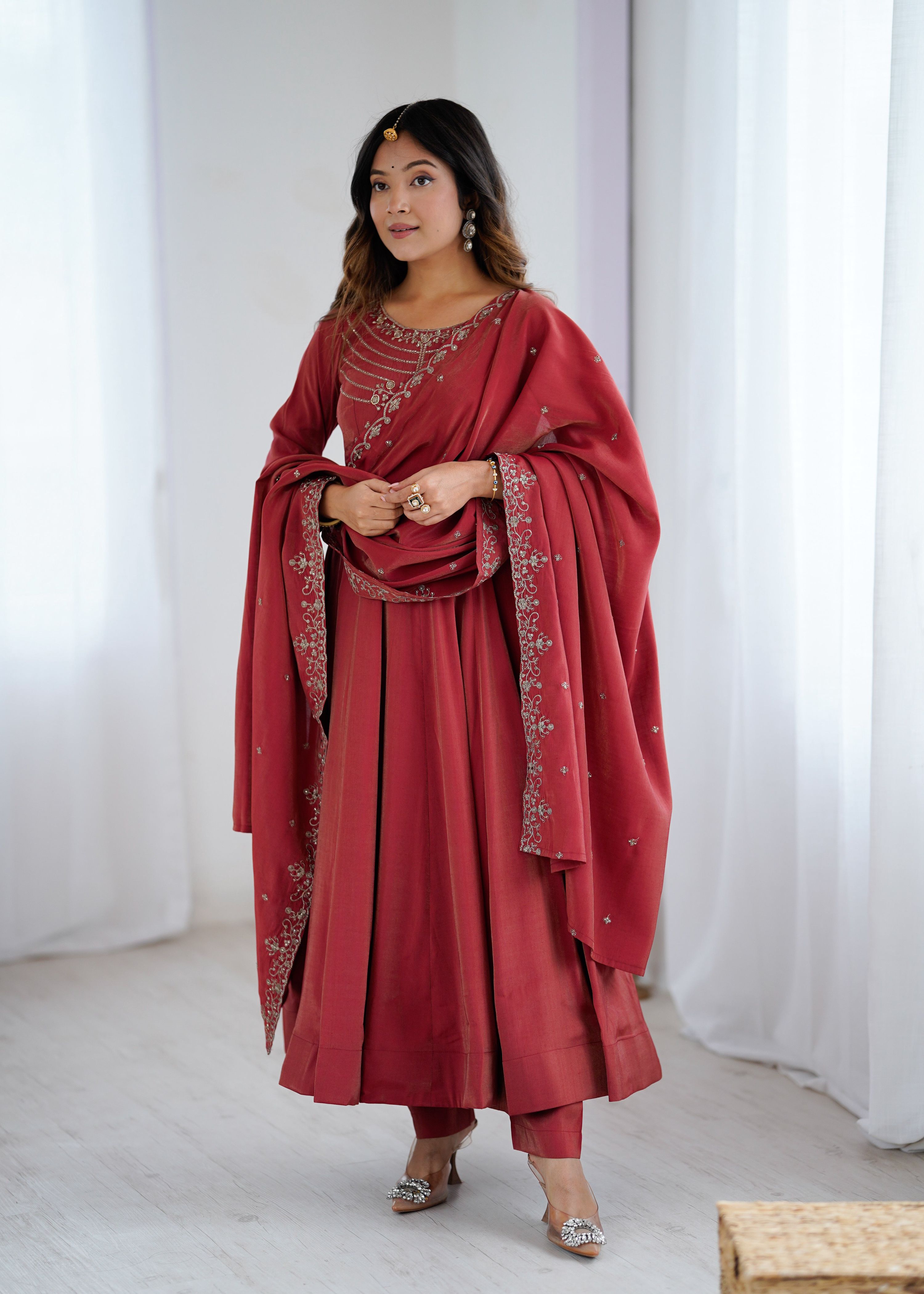 Lorenvalley Fashion Maroon Roman Shimmer Chanderi Silk Yoke Fancy Handwork Beads Work Anarkali Kurta Pant With Dupatta Set - Distacart